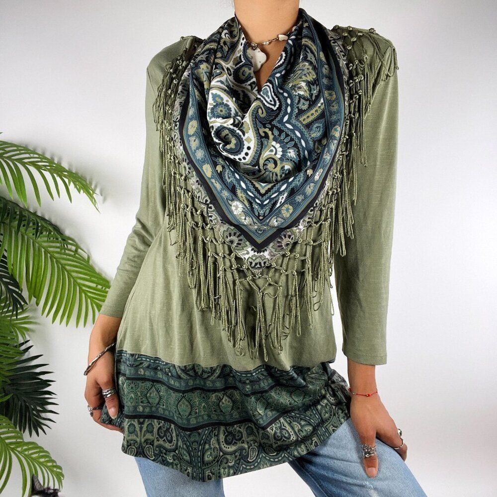 One World Women's Green Paisley Boho Fairy Grunge Top 3/4 Sleeve Scarf Top / S
